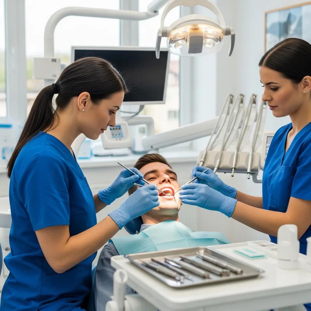 Dental professional examining a patient's teeth in a modern dental office