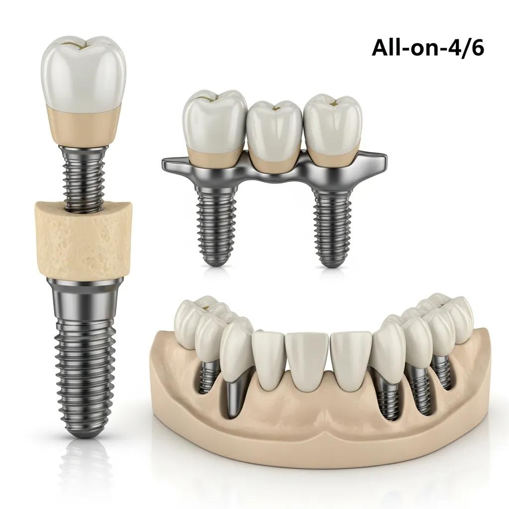 Different types of dental implants including single tooth implants and implant-supported bridges