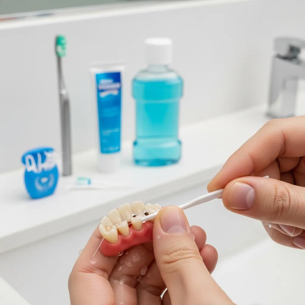Patient using dental floss to maintain dental bridge, emphasizing proper care practices
