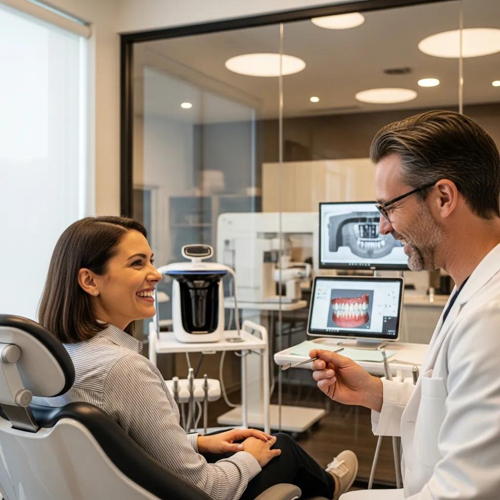 Smiling patient in a dental office receiving consultation about implant-supported crowns and bridges