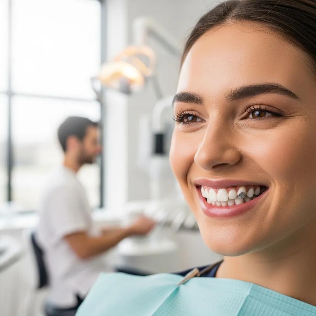 Smiling patient with dental crowns and bridges in a dental office, showcasing restorative dentistry benefits
